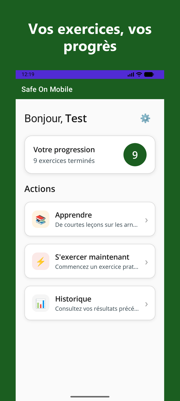 Écran d’accueil avec votre progression